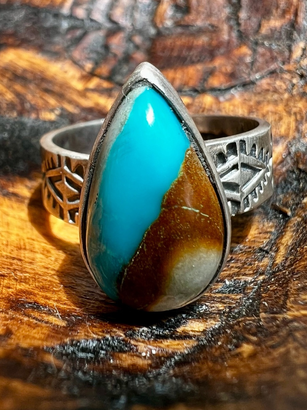 Fox Turquoise Ring Sterling Silver Wide Band  Size 9.25